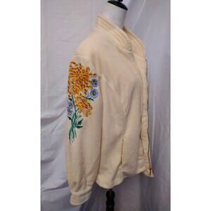 Vtg 1990s Bob Mackie Ivory Full Zip Boho Floral Embroidered Fleece Jacket 1X